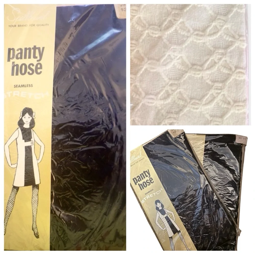 1960’s Mod‎ Textured Pantyhose Tights in Black, Stretch Nylon, Deadstock, New